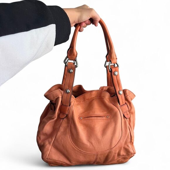 B. Makowsky Leather Drawstring Satchel - Tangerine Orange - Picture 3 of 8